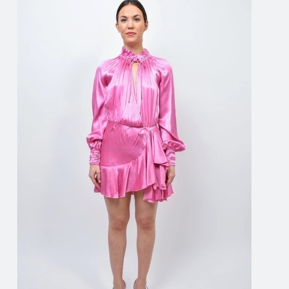 DIVINE heritage teal blue satin wrapped front ruffle mini dress - Picture 2 of 12